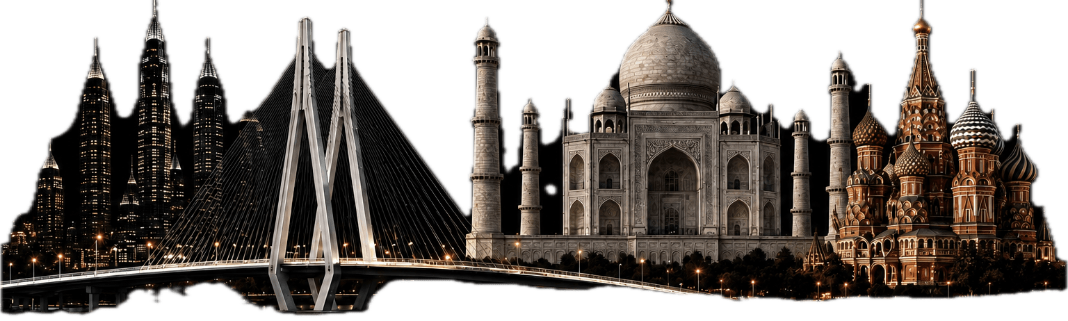 The India–Russia corridor: Mumbai skyline, a cable-stayed bridge, the Taj Mahal and St Basil’s Cathedral.